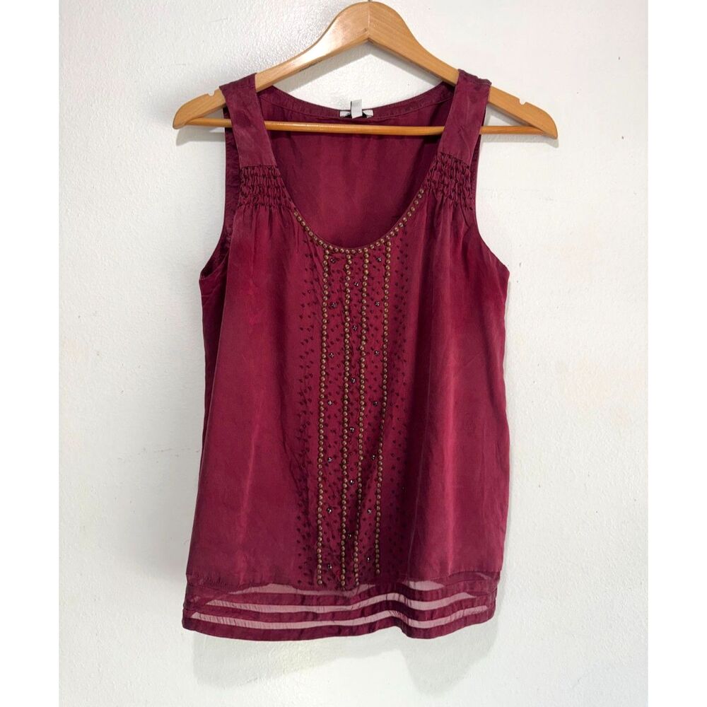 Cache silk blouse non sleeve beaded embellished night burgundy red women M